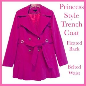Vintage Princess Trench Coat Retro Tailored Belted Pleated Hot Pink Size Large